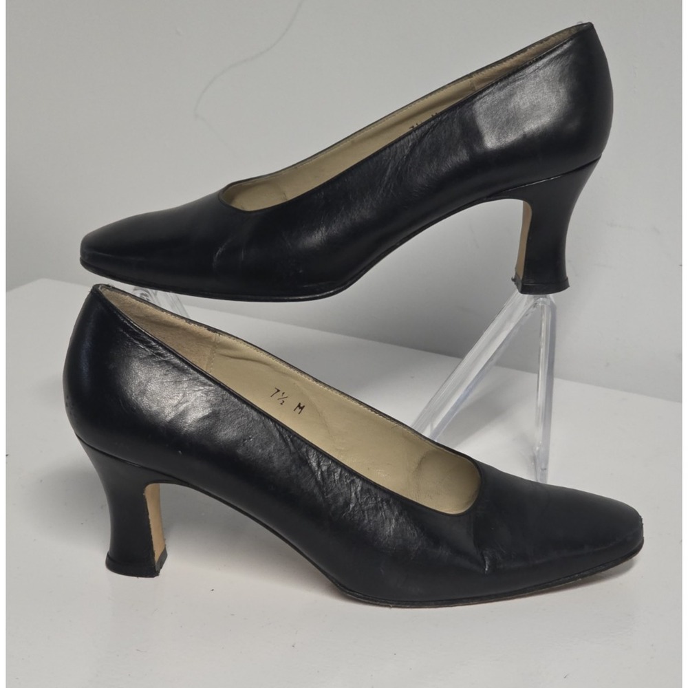 Talbots Womens 7.5 Black Leather Mid Heel Pumps Slip On Classic Dress Shoes